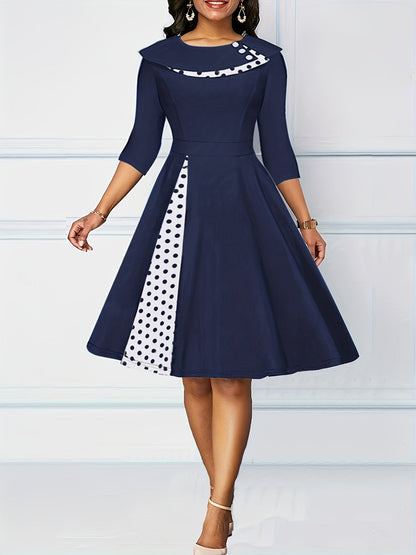 Vintage Retro Polka Dot A-line Dress - Flattering 3/4 Sleeves, Comfortable Casual Style - Feminine & Timeless Fashion for Women