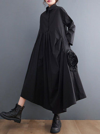 vmtvr - Urban Floral Applique Pleated Long Sleeves Shirt Dress Midi Dress