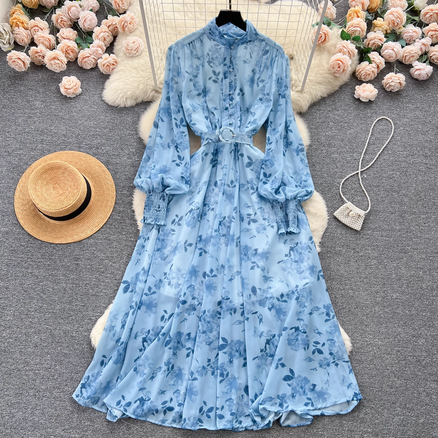 - Floral dress with chiffon puffed sleeves GEU623