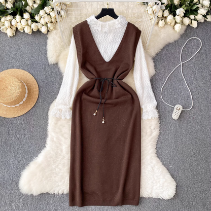 - Fashionable lace spliced chiffon top paired with a loose knitted vest dress two-piece set GEU566