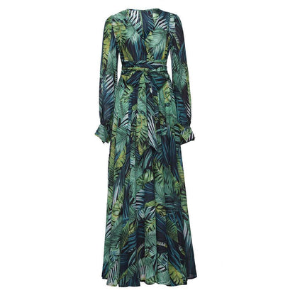 vmtvr -  V-Neck Leaf Print Maxi Dress