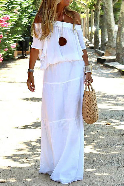 vmtvr - Horizontal Neck White Simple Women Casual Maxi Dress