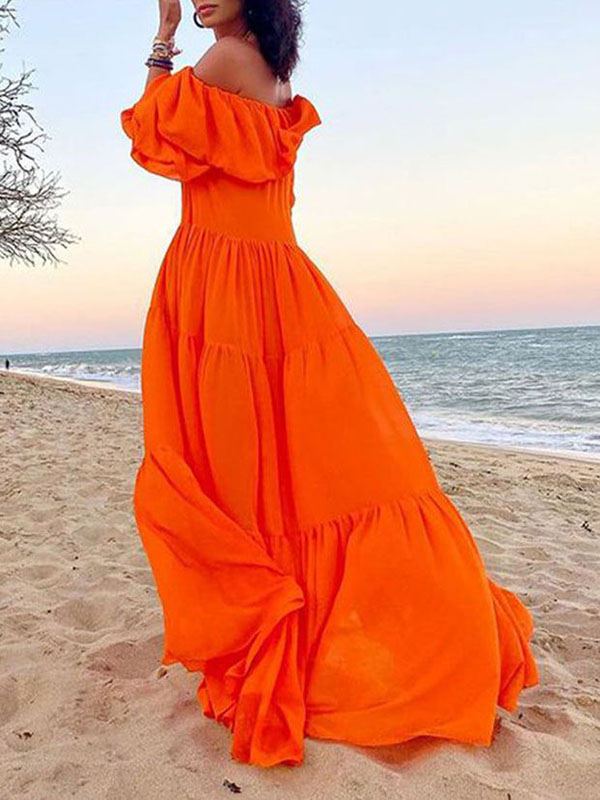 vmtvr - Loose Puff Sleeves Pleated Solid Color Off-The-Shoulder Maxi Dresses