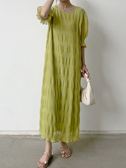 vmtvr - Flared Sleeves Half Sleeves Pleated Solid Color Round-Neck Midi Dresses