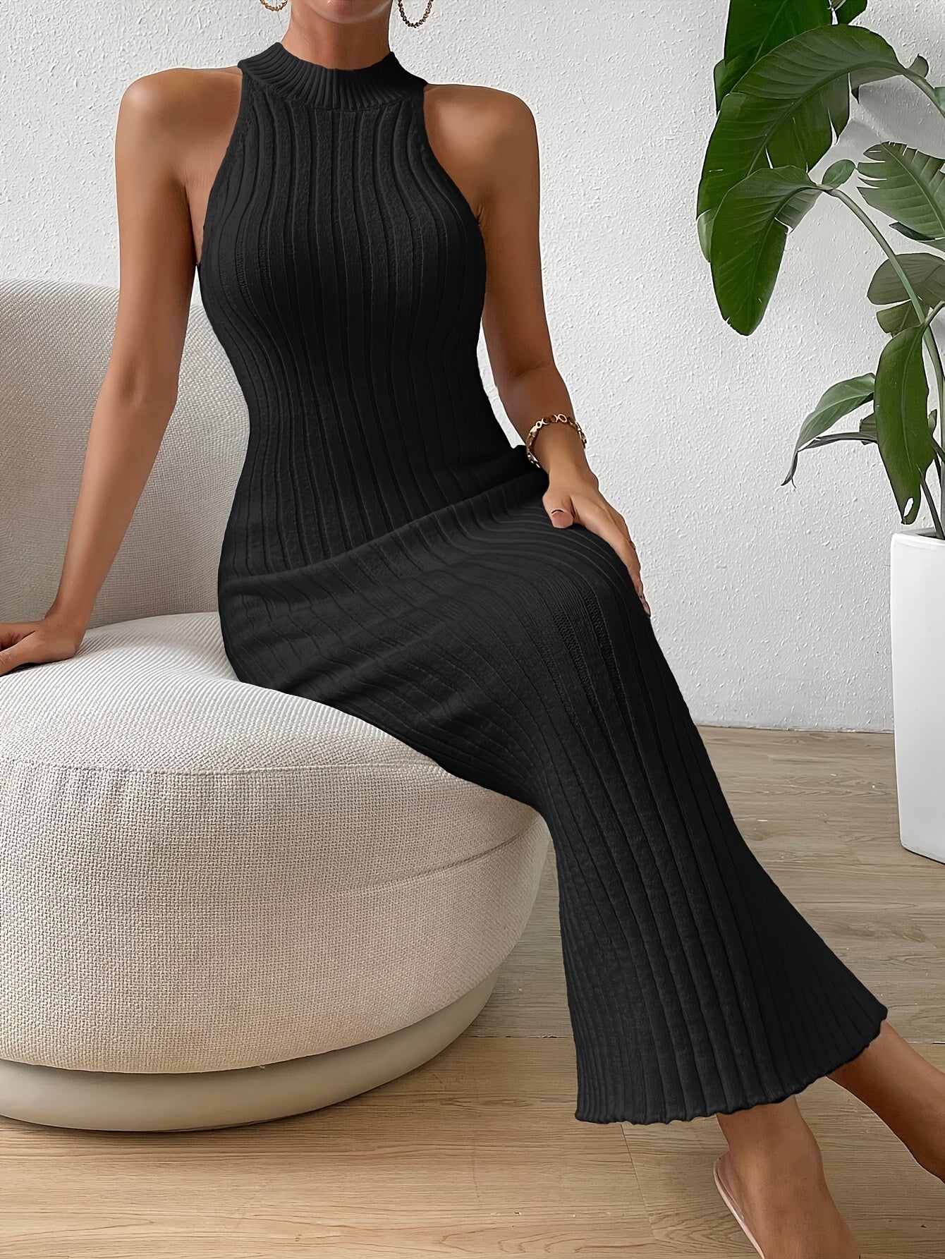 Rib Knit Halter Neck Dress, Elegant Solid Color Bodycon Sleeveless Dress For Spring & Summer, Women's Clothing