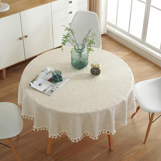 "Timeless Design" Modern Minimalist Beige Bamboo-Hemp Round Tablecloth With Tassels - Polyester, Perfect For Kitchen & Dining