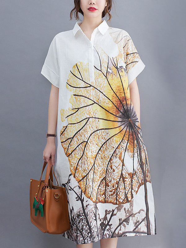 vmtvr - Artistic Retro Floral Printed Buttoned Lapel Collar Short Sleeves Midi Shirt Dress