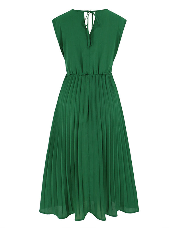 vmtvr - Sleeveless Pleated Solid Color Tied Waist V-Neck Midi Dresses