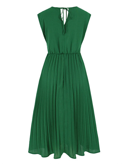 vmtvr - Sleeveless Pleated Solid Color Tied Waist V-Neck Midi Dresses