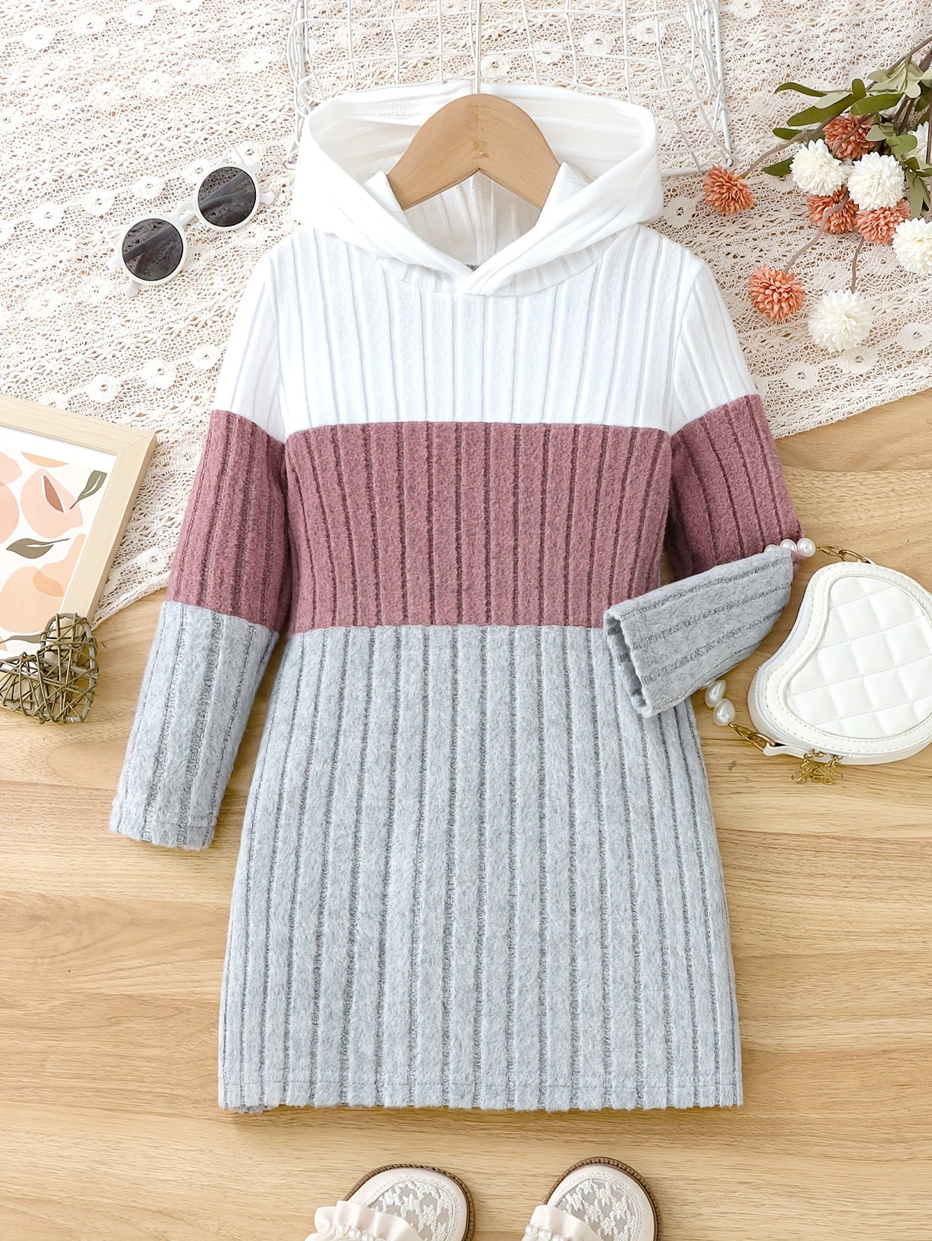 Casual Striped Hooded Knit Dress for Children - Polyester Blend, Slight Stretch, Solid Color, Long Sleeve, Spring/Fall Season, Fitted Regular Fit, Ages 12 and Under