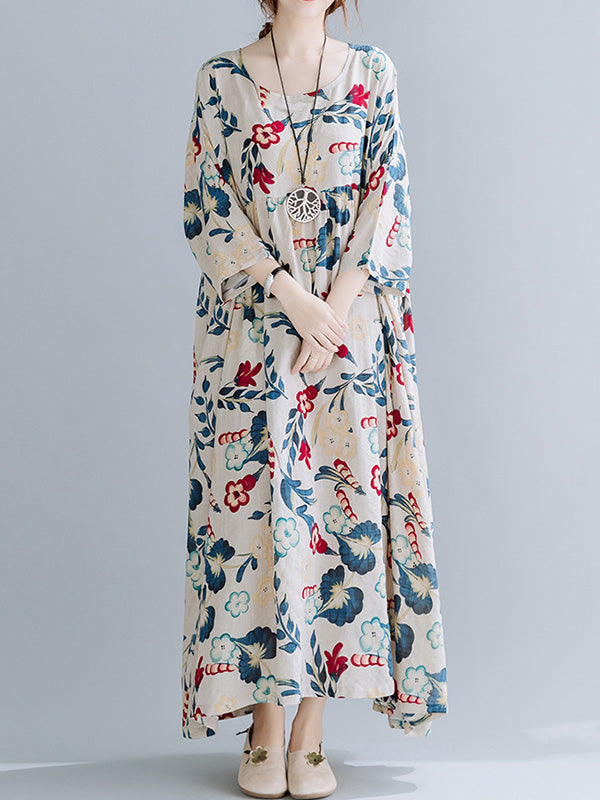 vmtvr - Casual Floral Printed Split-Joint Round-Neck Flared Batwing Sleeves Loose Maxi Dress