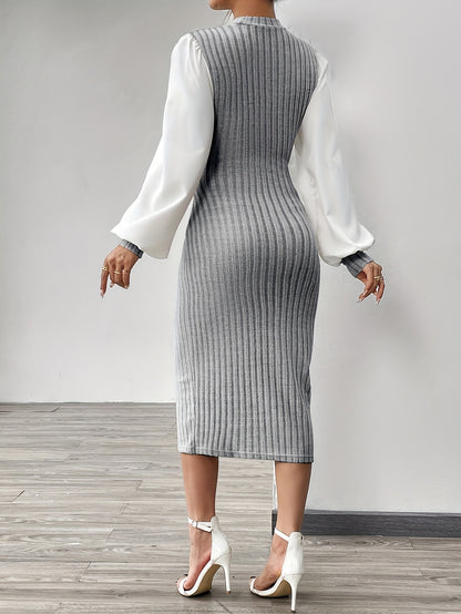 Ribbed Knit Button Decor Sheath Dress, Elegant Mock Neck Lantern Sleeve Midi Length Dress, Women's Clothing