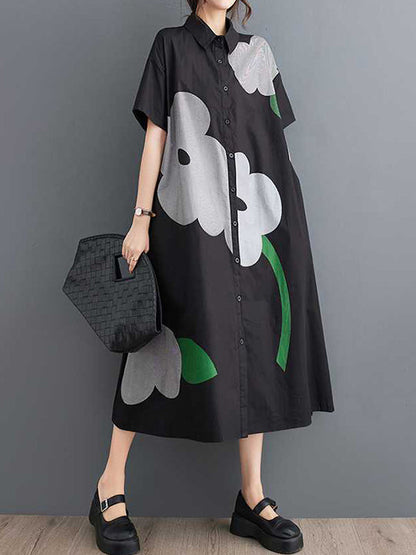 vmtvr - Loose Short Sleeves Buttoned Floral Printed Lapel Collar Midi Dresses