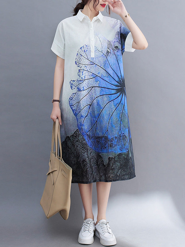 vmtvr - Artistic Retro Floral Printed Buttoned Lapel Collar Short Sleeves Midi Shirt Dress