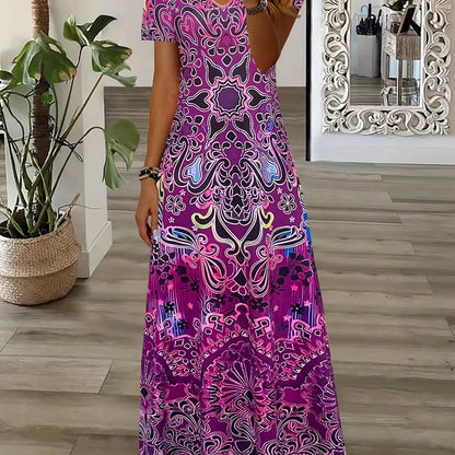 Ethnic Floral Print Dress, Boho V Neck Short Sleeve Maxi Dress, Women's Clothing