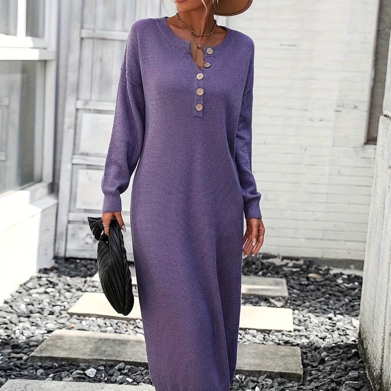 Button Front Midi Knit Dress, Elegant Long Sleeve Solid Color Dress For Spring & Fall, Women's Clothing