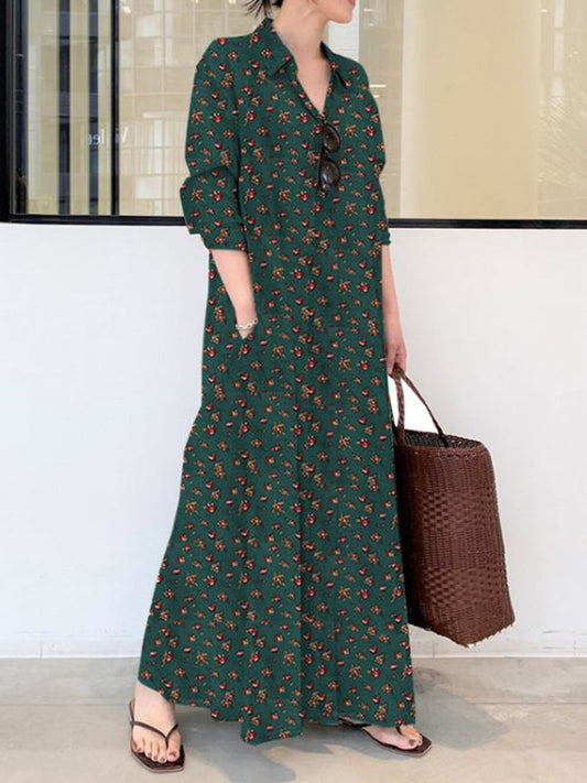 vmtvr - Vintage Printed Lapel Long Sleeve Shirt Maxi Dress