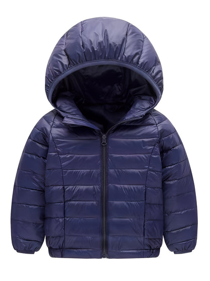 Kid's Solid Color Hooded Down Jacket, Light-weight Warm Zip Up Jacket, Boy's Clothes For Winter Outdoor, As Gift