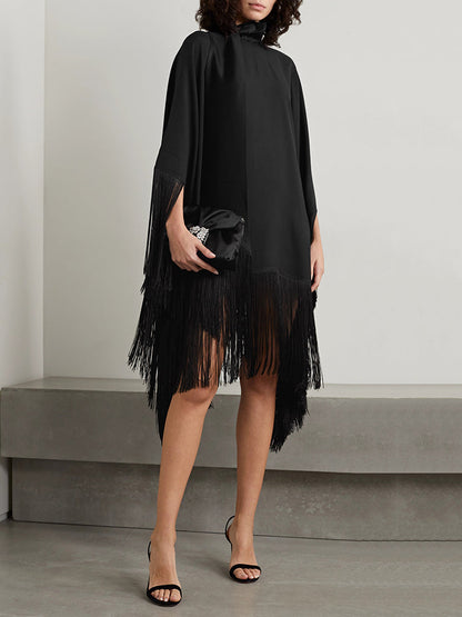 vmtvr - Loose Fringed High Neckline With A Scarf-Like Panel Solid Midi Dresses