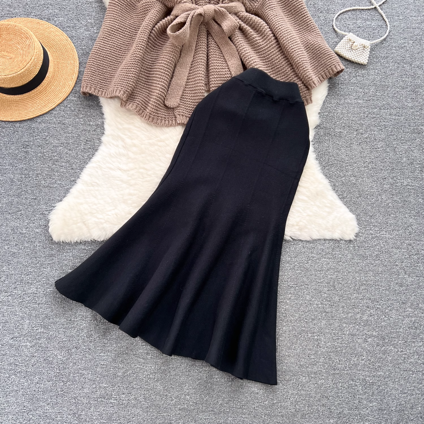 - Elegant sweater jacket, versatile fishtail skirt two-piece trendy set,black dress GEU615