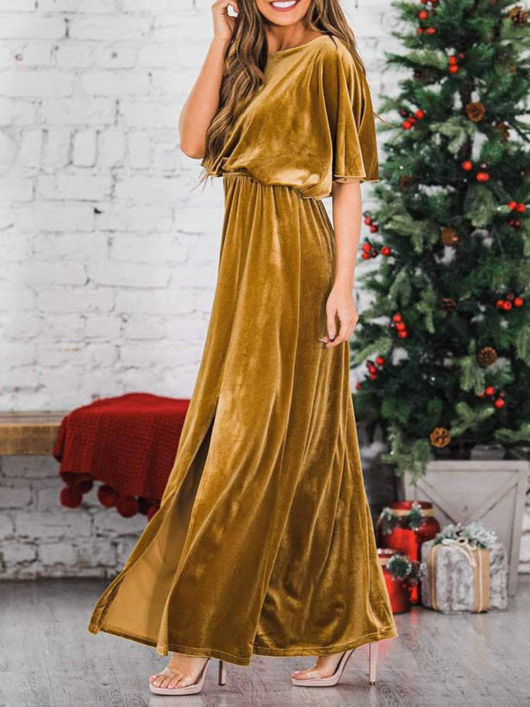 vmtvr - Fashion Velvet Round Neck High Slit Maxi Dresses