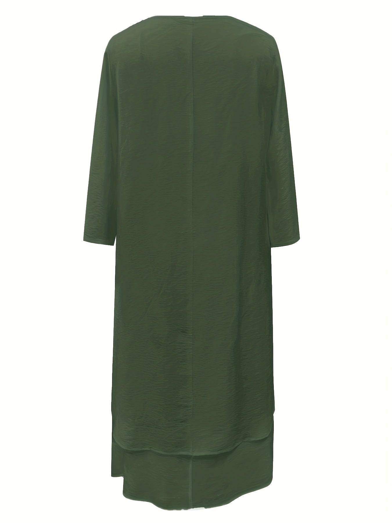 Chic Plus Size Maxi Dress - Casual V-Neck Tunic with Button Details, Long Sleeves, Asymmetry, and Easy-Care Stretch Fabric