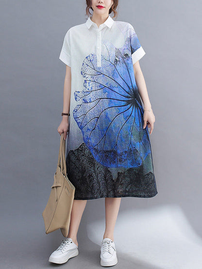 vmtvr - Artistic Retro Floral Printed Buttoned Lapel Collar Short Sleeves Midi Shirt Dress