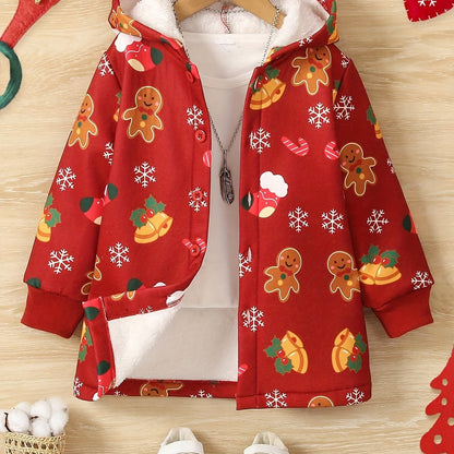 Boys Winter Christmas Pattern Medium Length Hooded Coat, Padded Light Warm Jacket Cute Hooded Outerwear