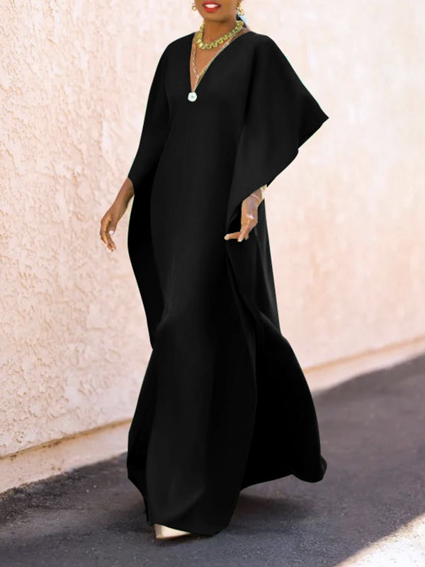 vmtvr - Batwing Sleeves Loose Solid Color Split-Side V-Neck Maxi Dresses