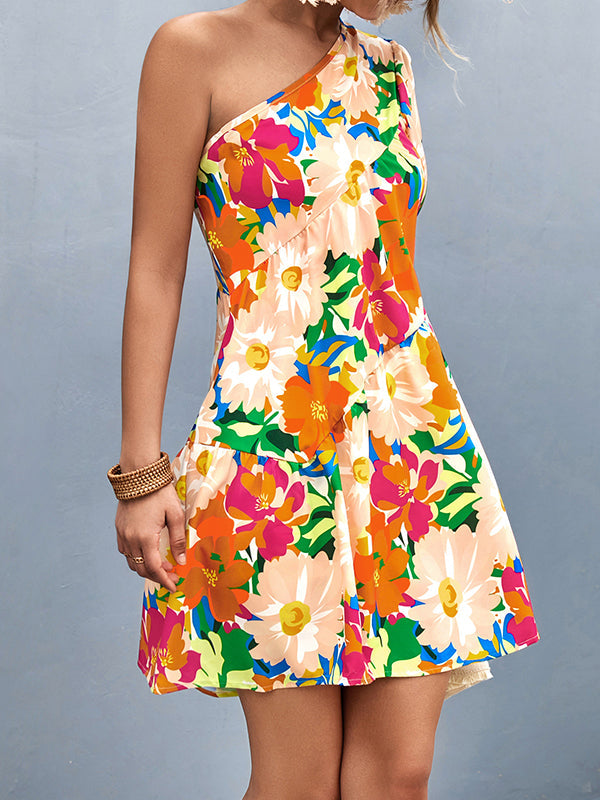 vmtvr - A-Line Bishop Sleeve Flower Print Split-Joint One-Shoulder Mini Dresses