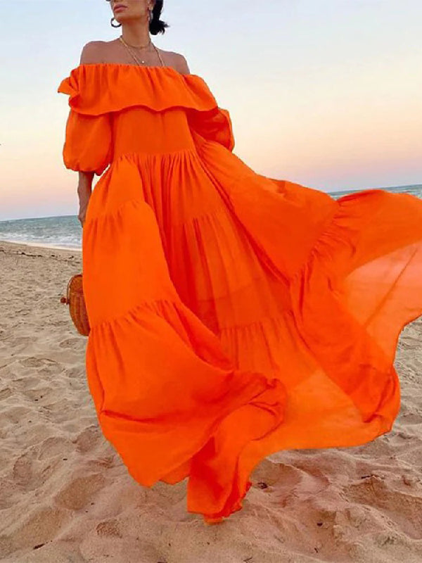 vmtvr - Loose Puff Sleeves Pleated Solid Color Off-The-Shoulder Maxi Dresses