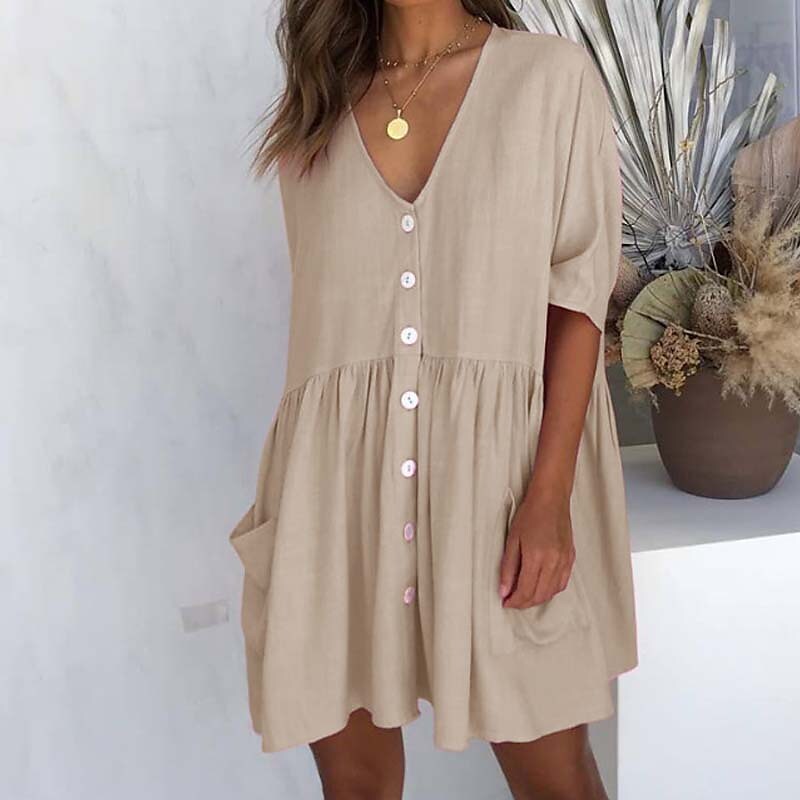 Women's Casual Dress Linen Dress Tiered Dress Mini Dress Black White Pink Short Sleeve Pure Color Ruched Winter Fall Spring V Neck Basic Daily Vacation Loose Fit S M L XL XXL 3XL