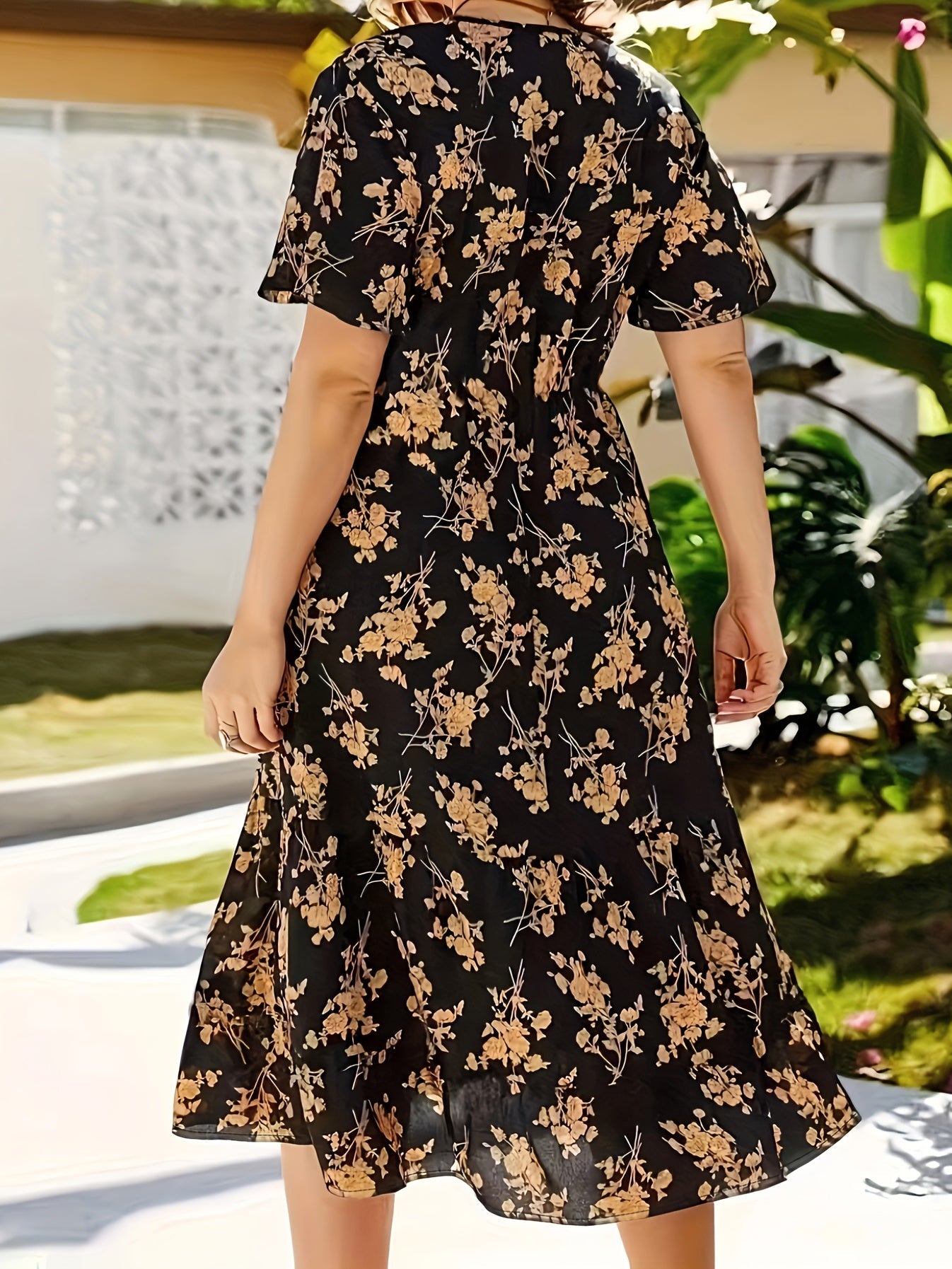 Floral Print High Waist Dress, Boho V Neck Short Sleeve Midi Dress, Women's Clothing