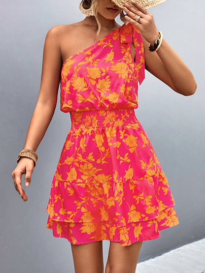 vmtvr - A-Line Sleeveless Elasticity Flower Print Split-Joint Tied Tiered One-Shoulder Mini Dresses