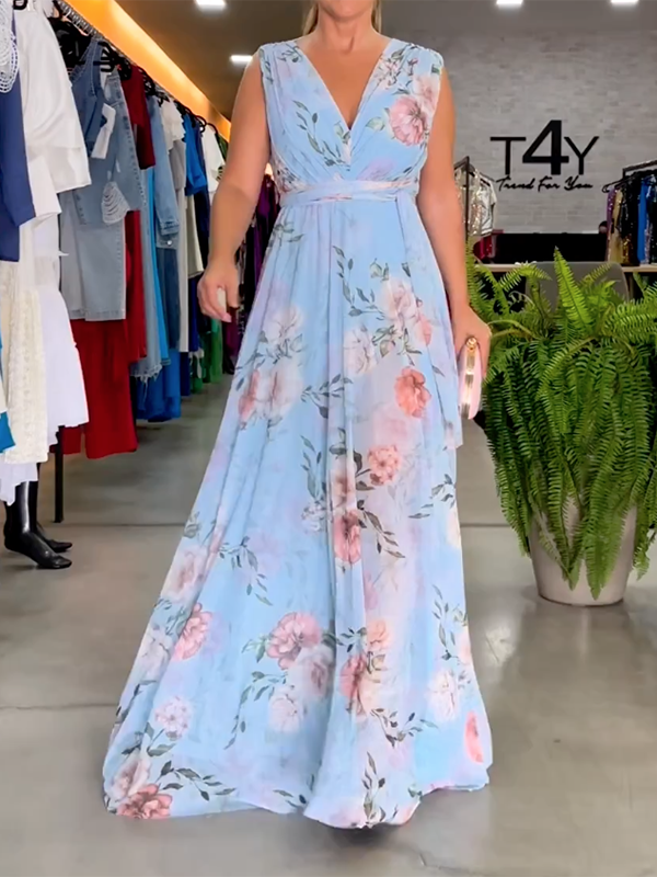 vmtvr - Stylish Floral Printed V-Back Elegant Maxi Dresses