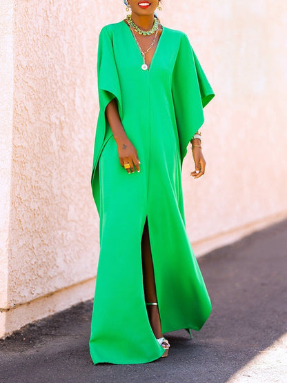 vmtvr - Batwing Sleeves Loose Solid Color Split-Side V-Neck Maxi Dresses