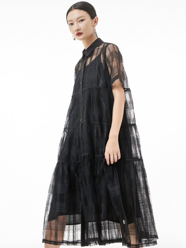 vmtvr - Original Solid Color Hollow See-Through Thin Midi Dress