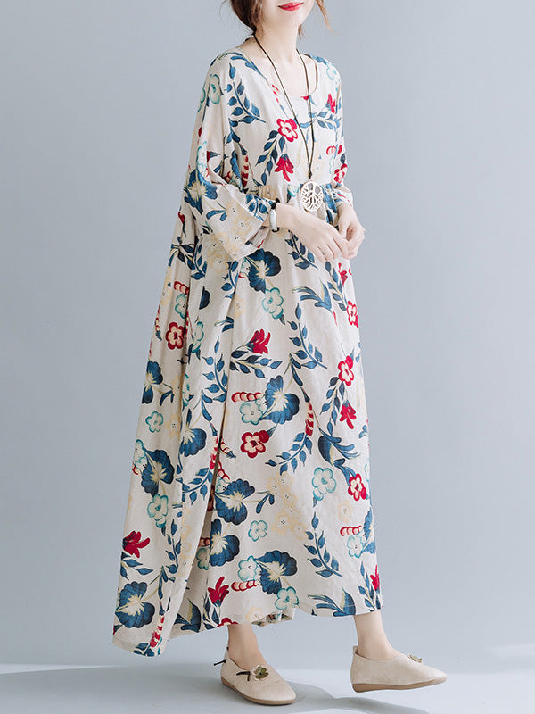 vmtvr - Casual Floral Printed Split-Joint Round-Neck Flared Batwing Sleeves Loose Maxi Dress