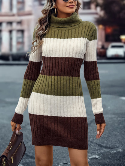 Striped Turtle Neck Knitted Dress, Elegant Long Sleeve Slim Fit Dress For Fall & Winter, Women's Clothing