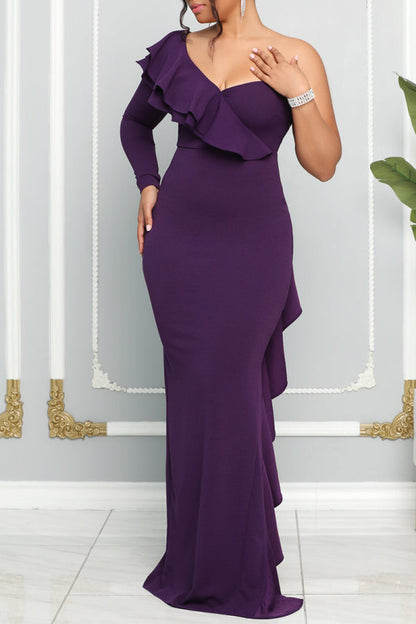 vmtvr - Purple Elegant Formal Plain Patchwork Flounce One Shoulder Evening Dress Dresses