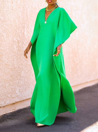 vmtvr - Batwing Sleeves Loose Solid Color Split-Side V-Neck Maxi Dresses