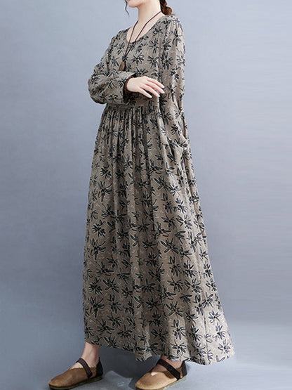 vmtvr - Artistic Retro Long Sleeves Loose Floral Printed Round-Neck Midi Dresses