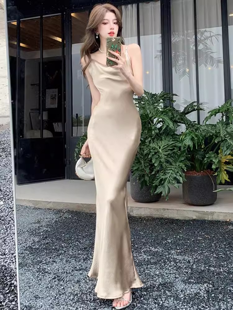 - Champagne Satin Spaghetti Straps Dress  GEU1484