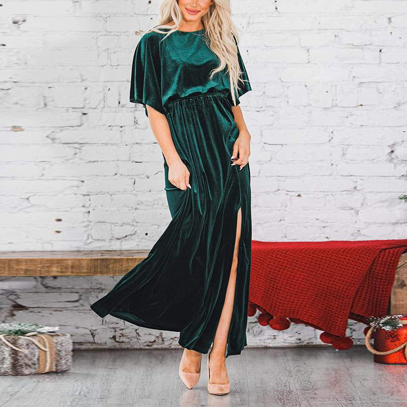 vmtvr - Fashion Velvet Round Neck High Slit Maxi Dresses