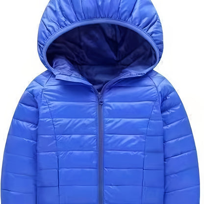 Kid's Solid Color Hooded Down Jacket, Light-weight Warm Zip Up Jacket, Boy's Clothes For Winter Outdoor, As Gift