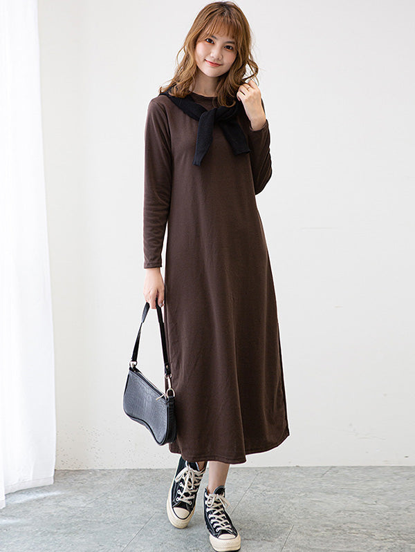 vmtvr - Simple Solid Color Round-Neck A-Line Midi Dress