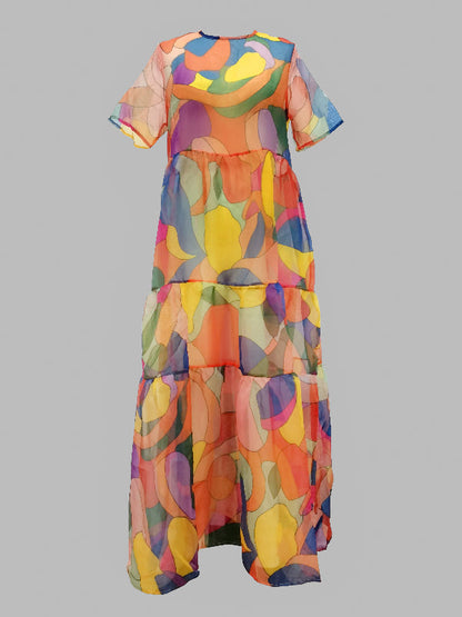 vmtvr - Loose Short Sleeves Multi-Colored Split-Joint Maxi Dresses