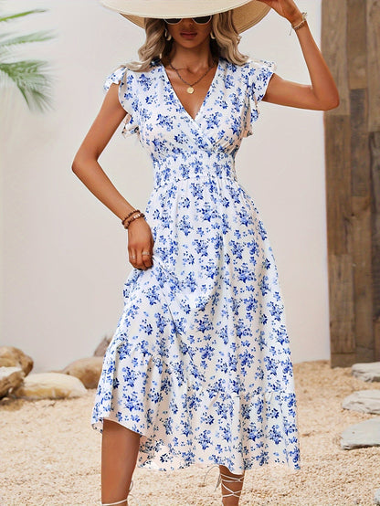 Floral Print Shirred Waist Dress, Elegant Ruffle Trim Surplice Neck Maxi Dress, Women's Clothing