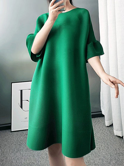 vmtvr - Stylish Selection Flared Sleeves A-Line Pleated Solid Color Round-Neck Midi Dresses