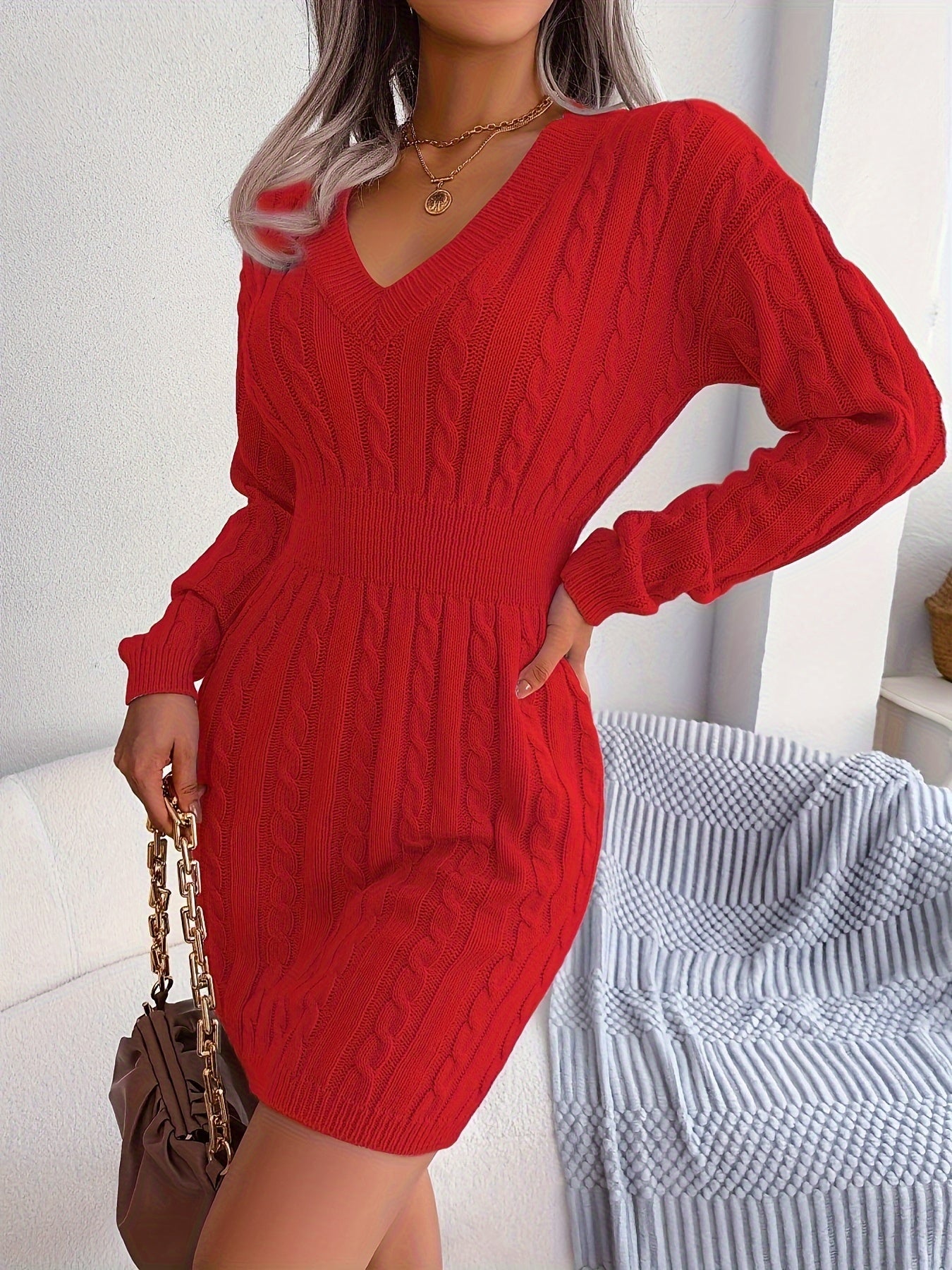 Cable Knit Sweater Dress, Casual V Neck Long Sleeve Bag Hip Dress, Women's Clothing